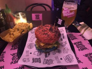 Daddy MC Chik’n, Fries and Lychee Beer at Vegan Junk Food Bar - Downtown in Amsterdam