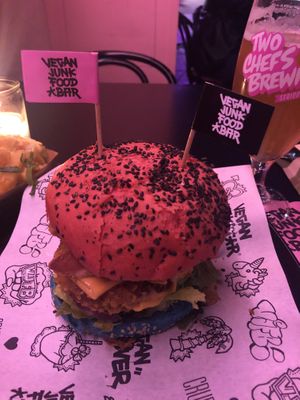 Daddy MC Chik’n, Fries and Lychee Beer at Vegan Junk Food Bar - Downtown in Amsterdam