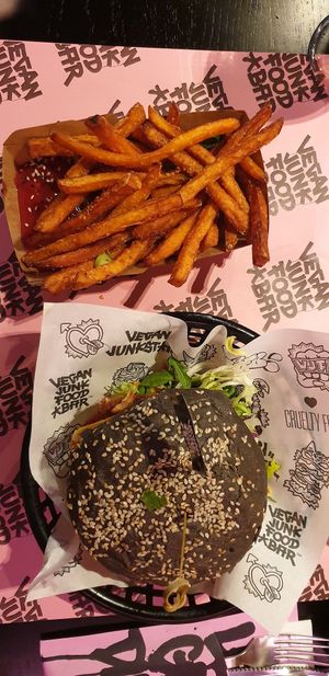 Victorious burger and fries at Vegan Junk Food Bar - Downtown in Amsterdam