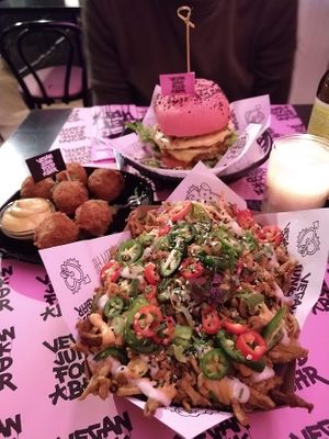 bitterballs, burguer and shawarma fries at Vegan Junk Food Bar - Downtown in Amsterdam