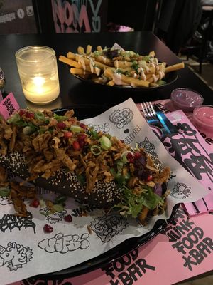 Big beast shawarma (with sauces on side) and chickpea stix.  at Vegan Junk Food Bar - Downtown in Amsterdam