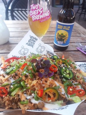 Vegan shaorma on fries with peppers and veggies at Vegan Junk Food Bar - Downtown in Amsterdam