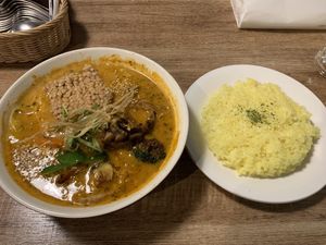 Mushroom and Vegetable Curry with Vegan Coconut Milk Soup Base w/a side of ricee  at Beyond Age Soup Curry in Sapporo