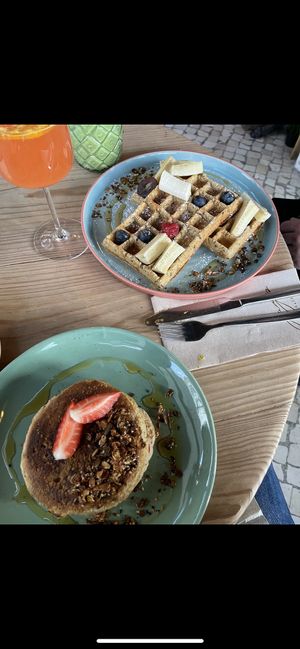 Vegan pancakes and waffles   at Jay's Brunch Caffe in Parede
