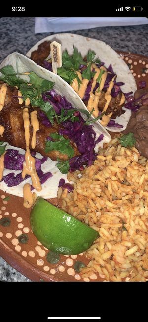 “Fish” banana blossom tacos. I would extra of the sauce of top, really made it.  at Mariachi's Dine-In in Fort Worth