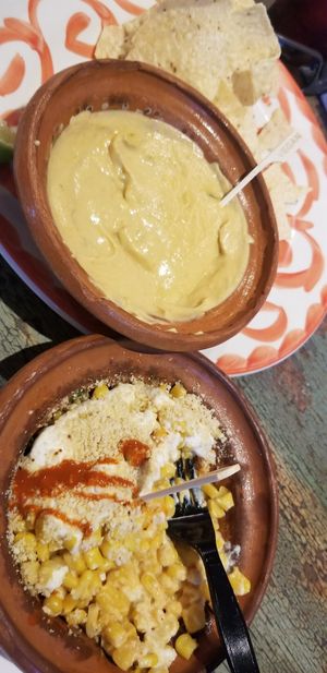 Vegan Elote and Cashew Queso. at Mariachi's Dine-In in Fort Worth
