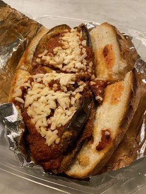 Breaded eggplant Parmesan sandwich  at Julie Goes Green in Los Angeles