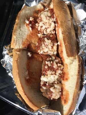 Good meatball sandwich.  They taste like Gardein's (good).  I'd recommend asking for extra sauce and extra cheese on it.  Wish the bread was a garlic bread base instead of plain. at Julie Goes Green in Los Angeles
