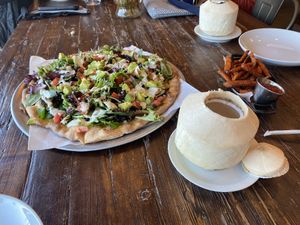 California pizza + Coconut  at Julie Goes Green in Los Angeles