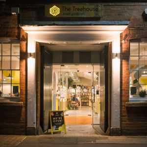 Cafe entrance at night at The Treehouse Board Game Cafe in Sheffield