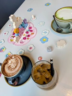 Iced oat latte, kids hot chocolate and oat matcha at The Treehouse Board Game Cafe in Sheffield