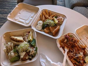 Falafel plate (excellent), fish and chips (excellent), pulled pork fries (alright) at Earth Aloha Eats - Waikiki in Honolulu