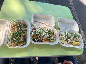Thai tacos, loaded teriyaki fries and “fish” tacos at Earth Aloha Eats - Waikiki in Honolulu
