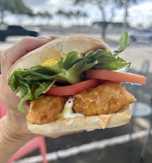 Fish sandwich on ciabatta   at Earth Aloha Eats - Waikiki in Honolulu