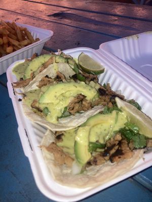 Mexican street tacos; the green sauce is delicious but the spicy label on the menu is accurate 👌🌶🌶🌶  at Earth Aloha Eats - Waikiki in Honolulu