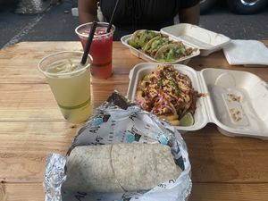 Falafel, pulled pork fries, Mexican street tacos (bottom to top)  at Earth Aloha Eats - Waikiki in Honolulu