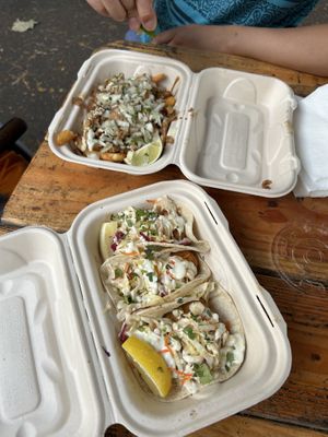 Fish tacos and teriyaki fries  at Earth Aloha Eats - Waikiki in Honolulu