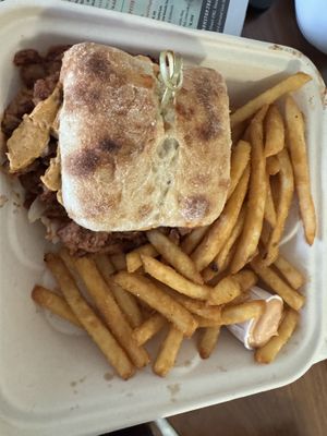 Pulled pork sandwich with fries   at Earth Aloha Eats - Waikiki in Honolulu