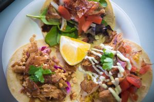 Delicious taco trio special with house-made seitan chickin' and vegan bacon.  at Earth Aloha Eats - Waikiki in Honolulu