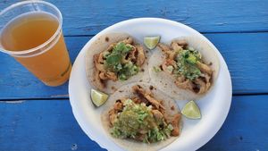 Mexican tacos! And house-brewed kombucha, lavender flavoured. So good. at Earth Aloha Eats - Waikiki in Honolulu