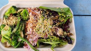 Buddha Bowl with house-made peanut sauce, so good at Earth Aloha Eats - Waikiki in Honolulu