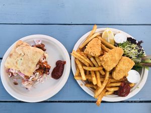 Pulled pork sandwich & fish and chips at Earth Aloha Eats - Waikiki in Honolulu