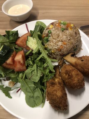 Fry rice and mushroom drumsticks  at Just Vegan in Sunshine