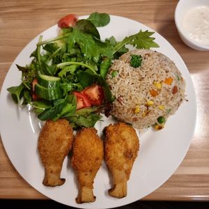 Fried rice with mushroom drumsticks at Just Vegan in Sunshine