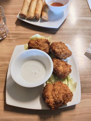 Fried Tofu bites (and spring rolls in the background) at Just Vegan in Sunshine