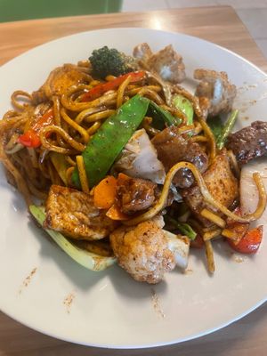Hokkien noodle stir fry.  Delicious. Good combo of veggies, tofu and vegan beef. at Just Vegan in Sunshine