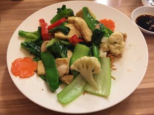 Crispy noodles with stir fried vegetables and tofu  at Just Vegan in Sunshine