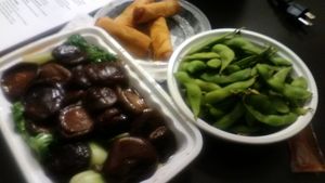 Bok Choy Topped w Mushroom, Edamame Beans (no salt), Shanghai Spring Rolls. Last item not clearly vegan and were fried type of spring roll. July 2021. at Super Bowl Cuisine in Kingston