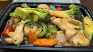 What I was sent instead of the vegan chicken with eggplant in a garlic sauce - I don't know what it was but it has real chicken in it and no eggplant at Super Bowl Cuisine in Kingston