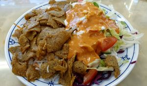 Schawarma (seitan) plate with rice and salad at Selam Helal in Dusseldorf
