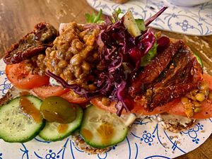 Open-faced lentil pesto sandwich at Marny's in Dusseldorf
