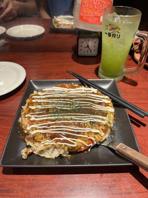 Modern vegan Okonomiyaki with a green apple sour alcoholic drink   at Zen in Tokyo