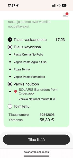 follow your order's progress via mobile phone at Vapiano - Solaris in Tallinn