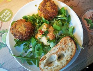 Falafel plate with hummus, rucola salad and chiabatta. Actually there are more falafels but this was a sample dish. at Vapiano - Solaris in Tallinn