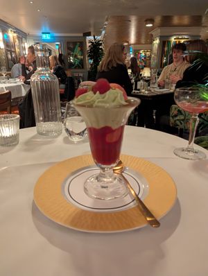 Raspberry and pistachio coupe at The Ivy in Cambridge