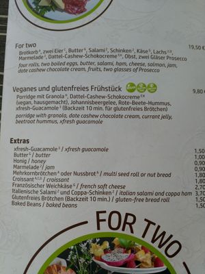 Menu containing vegan breakfast at xfresh in Dresden