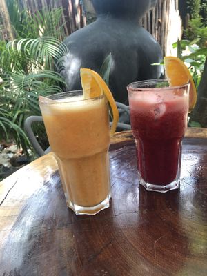 Golden juice and red juice  at Arte Sano in Holbox