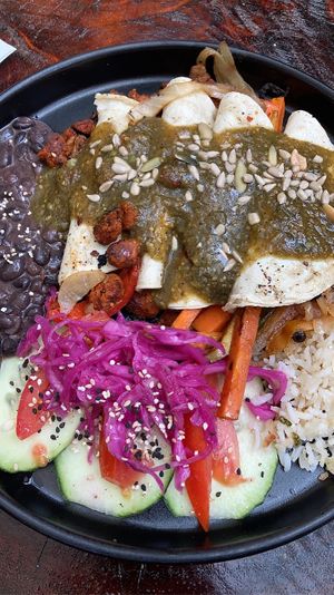 Vegan enchiladas, green sauce (red is better), filling with vegetables and vegan chorizo, amazing!  at Arte Sano in Holbox