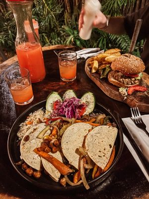 Quesadillas & Classic Soy Burger & Papaya Melon Frutal Water at Arte Sano in Holbox