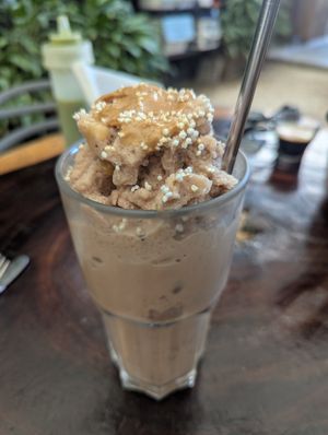 Aztec King coffee made into a smoothie with coconut milk at Arte Sano in Holbox