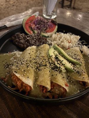 Enchiladas de garbanzo al pastor y chorizoo  at Arte Sano in Holbox