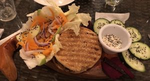 Vegan Burger with optional Portobello or eggplant at Arte Sano in Holbox