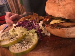 Tropical burger 💜 at Arte Sano in Holbox