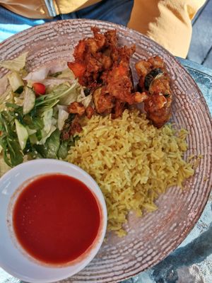 Pakora plus rice at Radharane in Kaunas