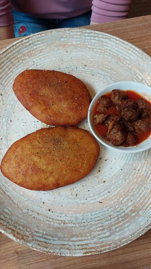 Mashed Potatoe pancake stuffed with soy protein at Radharane in Kaunas
