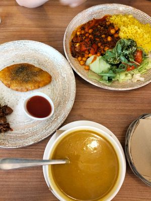 Lentil soup, Patato  pancake with soy meat, chickpea stew
 at Radharane in Kaunas